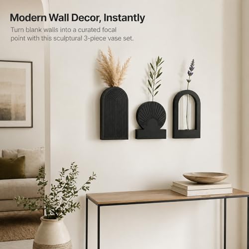 TBWIND Black Wooden Wall Vases Set of 3, Wall Planters with Glass Tube Kit - color: Black