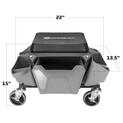 Powerbuilt Rolling Work Seat Brake Stool with 4-inch Rubber Lockable Wheels, Big Seating Platform, Tool Trays and Drawer 330 lb. Capacity, Mechanics, Gardening, Garage - 941881ECE, Grey - size: Compact with Seat Cushion