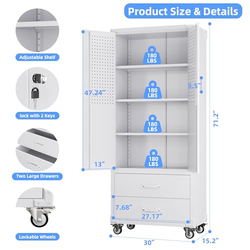 Aobabo Upgraded Metal Garage Storage Cabinet with Wheels and 2 Drawers, Lockable Rolling Tools Cabinet with Pegboards and Hooks,Assembly Required,White - color: White, size: 15"D x 30"W x 71"H-2 Drawers
