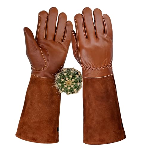 Leather Gardening Gloves for Women Men, Long Rose Pruning Glove Thorn Proof Cactus Gauntlet for Yard (Brown, Small) - size: Small