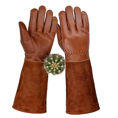 Leather Long Gardening Gloves for Men and Women, Rose Pruning and Cactus Thorn Proof Gloves, Cowhide Yard Work Gloves (Brown Medium) - size: Medium