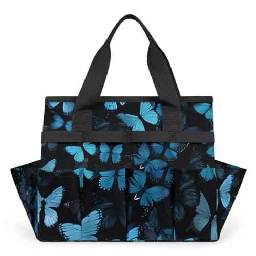Butterfly Blue Gardening Tool Bag,Heavy Duty Garden Tote Bag,Portable Oxford Gardening Storage Basket Organizer Handbag with Pockets Handle,Hand Tools Gifts for Outdoor Garden Lawn Yard - color: Blue Butterfly