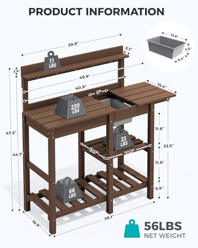 SERWALL Outdoor Potting Bench with Removable Sink,Gardening Table,Coffee - color: Coffee, size: Classic