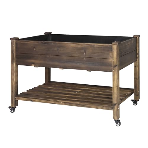 VEIKOU 48x24x33in Cedar Raised Garden Bed, Planter Raised Beds with Lockable Wheels, Storage Shelf, Raised Garden Beds Outdoor for Backyard, Patio, Balcony, Rustic