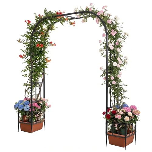 Garden Arch with Planter Boxes, Metal Arbor Trellis for Climbing Plants Outdoor, Heavy Duty Iron Archway for Wedding Ceremony Party Backyard Lawn Patio Decor, Black