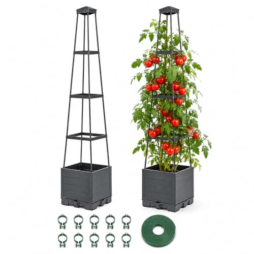 2 Pack Raised Garden Beds with Trellis, 56 Inch Self-Watering Tomato Planter Boxes, 4 Adjustable Heights with 10 Plant Clips and 65 FT Garden Ties for Climbing Plants, Grey
