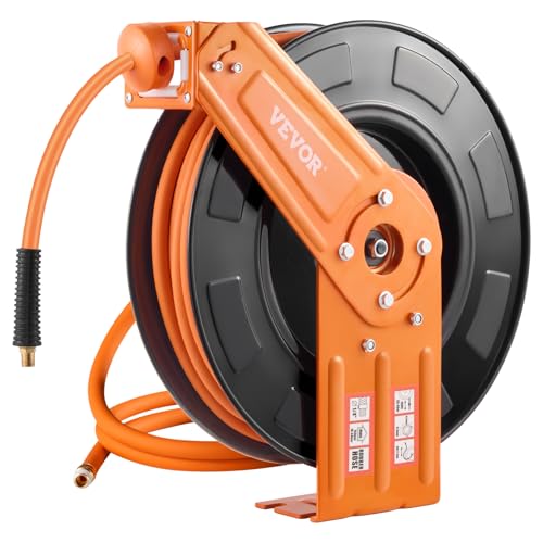 VEVOR Retractable Air Hose Reel, 3/8IN x 100FT Rubber Air Hose Max 300PSI, Air Compressor Hose Reel Auto-Rewind with 5FT Lead in, Ceiling/Wall Mount Heavy Duty Single Arm Steel Reel, 1/4" NPT Fitting - color: Black, size: 3/8IN x 100FT