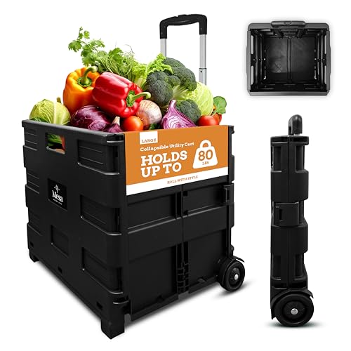Inspired Living Collapsible Ultra-Slim Pack-N-Roll, 2 Wheel Utility Cart , With Telescopic Handle - Super Strong up to 80 Lbs Load Capacity, Black - color: Black, size: Large/ No Lid
