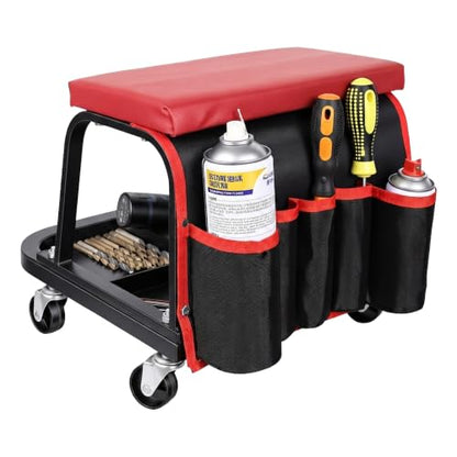 Rolling Mechanic Garage Stool on Wheels with Side Pockets, Red - color: Red