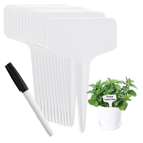 Oligei Plant Labels 120 PCS, T-Type Plant Tags with Marking Pen, 6 x 10 CM White Plastic Plant Markers for Nursery, Garden, Seedlings, Flower Vegetables, Herb
