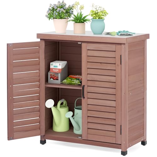 Outdoor Storage Cabinet & Potting Bench Table with Metal Top, Wooden Patio Furniture, Garden Workstation (Dark Brown, 36x31x17in) - color: Dark Brown, size: 36x31x17in