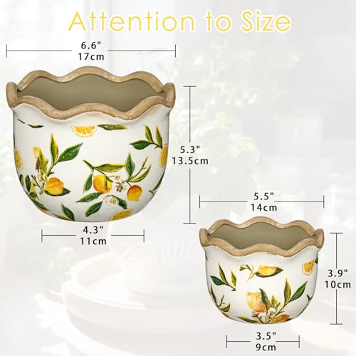 Rustic Farmhouse Ceramic Plant Pots, 6.6 + 5.5 inch Yellow and White Plant Pot with Drainage Holes Set of 2 Vintage Planters with Lemon Patterns Decorative Flower Pots for Indoor and Outdoor Plants - color: Yellow & White Lemon Patterns