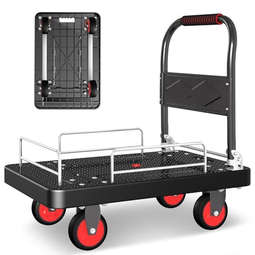 Foldable Platform Truck Cart with 3 Fence 1100lbs Capacity - color: Black, size: 28"x19"