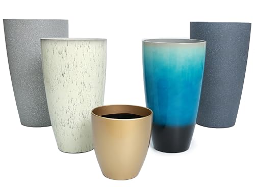 24,21,11 Inch Large Plastic Planters with Drainage Hole and Saucer - Set of 3 Tall Plant Pots Indoor Flower Pot Tall Round Planters Outdoor Large Tall Planter - color: Blue Black Gradient