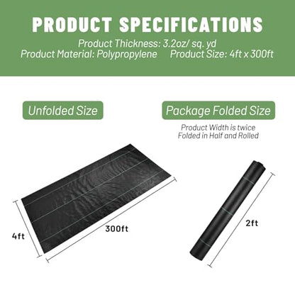 4ftx300ft Weed Barrier Landscape Fabric Heavy Duty, Woven Weed Control Cloth, Woven Geotextile Fabric for Underlayment, Commercial Driveway Weed Block Cover Mat,with 1 Pair of Gloves - size: 3.2oz-4ft*300ft