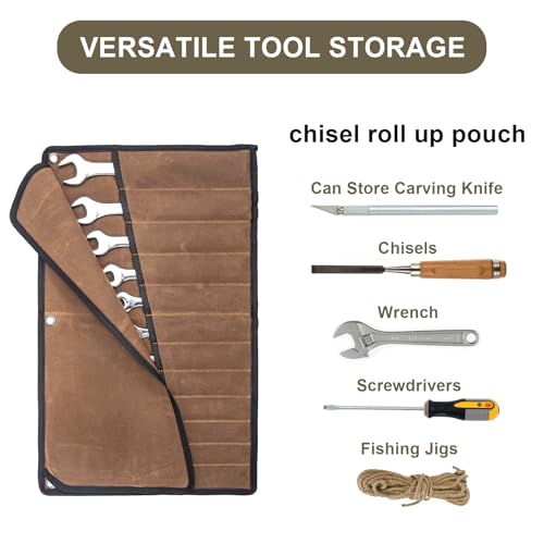 Chisel Roll, 6 Pockets Roll Up Tool Pouch, Waxed Canvas Small Tool Roll - color: Brown- 12 Pockets Canvas