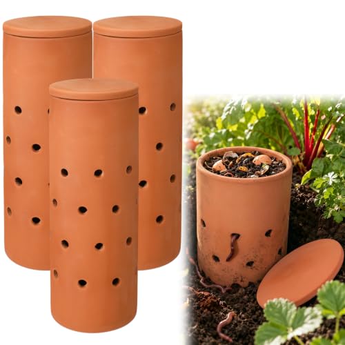 3 Pcs 10" Terracotta Inground Worm Composter Bulk Outdoor Garden