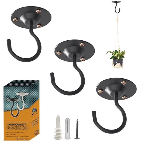 NACETURE Ceiling Hooks for Hanging Plants - Square Wall Mount Plant Hanger Indoor Hanging Hooks Metal Plant Bracket Iron Lanterns Hangers for Wind Chimes, Planters (Round Black 3 Pack) - color: Round Black 3 Pack