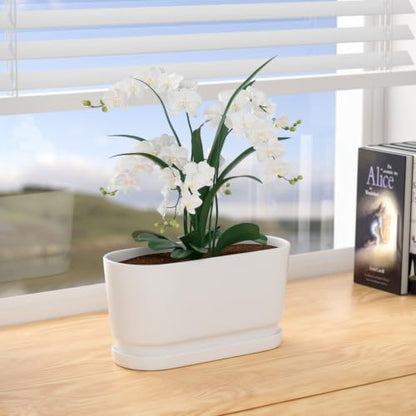 13" Rectangular Ceramic Planter with Drainage and Saucer, White - color: Matte White, size: Large