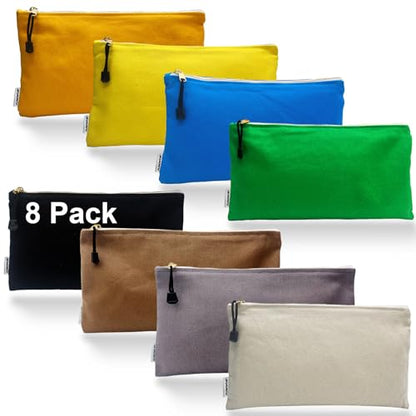 Canvas Tool Bag Zipper Pouch, 8 Pack 12.5 x 7-Inch - color: Orange, Yellow, Gray, Blue, Green, White, Black & Brown