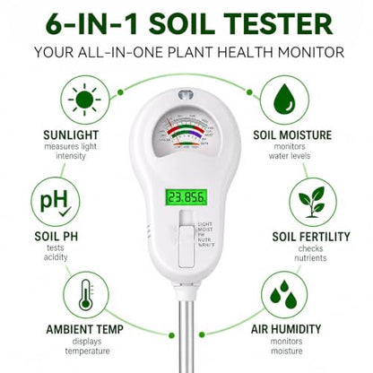 Soil Test Kit, 6-in-1 Soil Moisture Meter, PH/Sunlight/Soil Moisture/Fertility Monitor Indicator Sensor with 4 Removable Probe, Soil Tester for Garden, Lawn, Indoor and Outdoor Plants