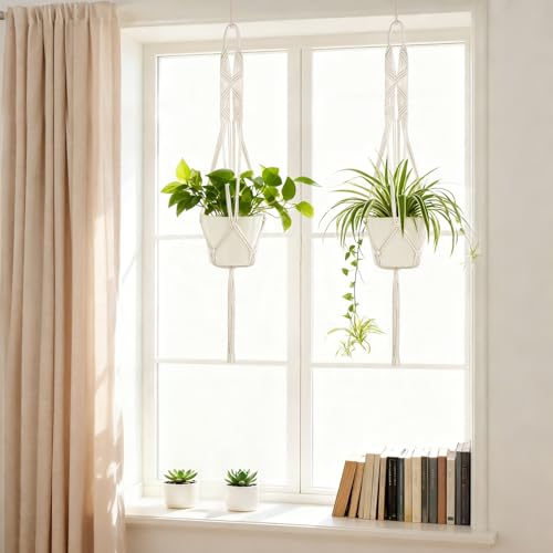 Mkono 2 Packs 43 Inch Macrame Plant Hanger Large for up to 12 Inch Pot Extra Long Hanging Plant Holder Hanging Planter Basket for Indoor Outdoor Boho Home Decor(POTS NOT Included)