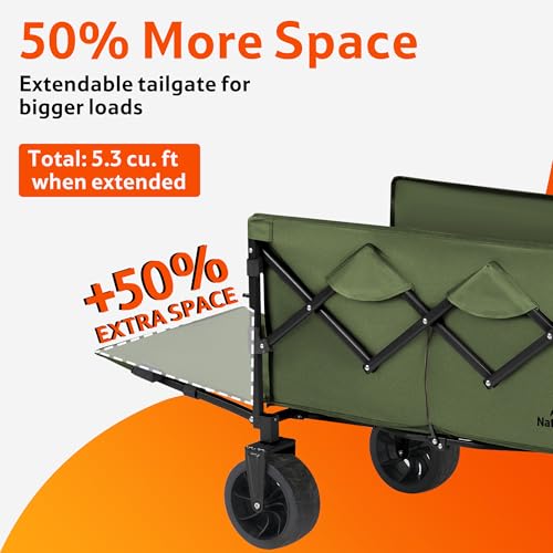 Naturehike Big Wheels Collapsible Wagon Cart, Extra Long Extender Wagon Cart, Green - color: Green With Tailgate