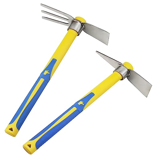 2 PCS Garden Hoe Tools, Stainless Steel Cultivator Hand Tiller and Hand Pick Axe with Fiberglass Handle, Pick Mattock Hoe for Planting Digging Weeding Gardening - size: Cultivator Hoe 2PCS