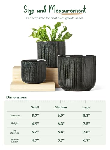LE TAUCI Ceramic Pots for Plants, 8.3/7/6 Inch Indoor Planters with Drainage Holes & Mesh, Modern Glossy Glaze Cylinder Fluted Plant Pot for Snake Plant, Set of 3, Dark Olive - color: Dark Olive