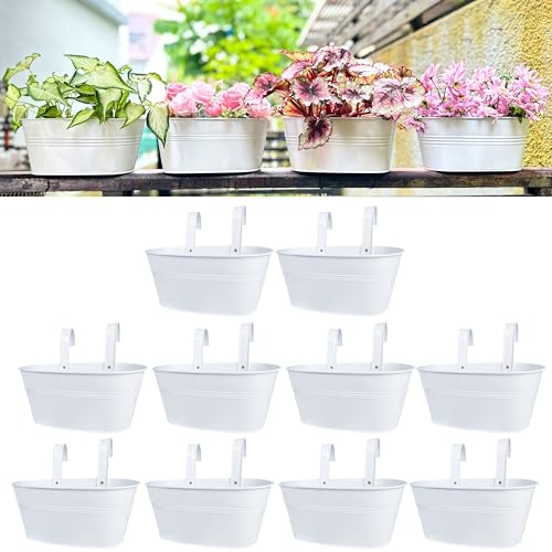 LaLaGreen Large Rail Planter (11.8 in, 10 Pack) White Metal Fence Pots - size: 11.8" (30 cm) x 10 Pack