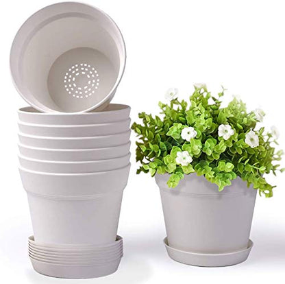 homenote 7.5 Inch Plastic Flower Pots with Drainage Holes and Trays (8 Pcs) - color: White-8 Pcs, size: 7.5 Inch