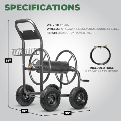 XtremepowerUS 4-Wheel Garden Hose Reel Cart with Storage Basket, Portable Residential Hose Reel Cart, Lawn Watering, for Garden Farm & Backyard