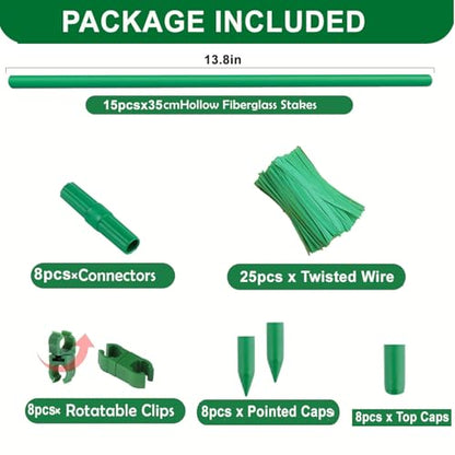 15Sets Garden Stakes Set 48PCS with Fiberglass Plant Stakes Sticks Supports and Accessories, DIY 4ft 5ft 6ft 7ft Tomato Stakes for Tomato,Vegetables, Pepper, Indoor Outdoor Spring Plants