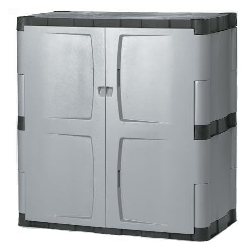 Rubbermaid Freestanding Storage Cabinet with Doors 18"D x 36"W x 37"H Medium Gray/Black Two-Shelf Lockable Cabinet for Indoor/Outdoor/Garage Storage for Garden Tools/Lawn Care Accessories - size: Medium
