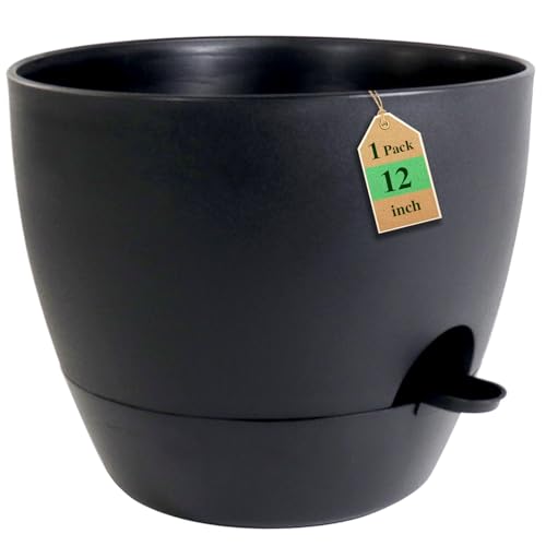 WSMKSZ 12 inch Large Self Watering Pots, Flower Plant Pots with Multi Mesh Drainage Holes for Indoor Outdoor Garden Plants and Flowers, Plastic Planters with Removable Deep Reservoir, Black - color: Black, size: 12inch 1pcs