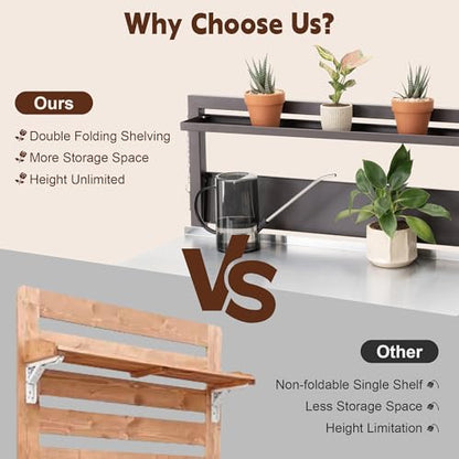 Feasto Outdoor Potting Bench with Storage Cabinet Stainless Steel Tabletop - color: Brown