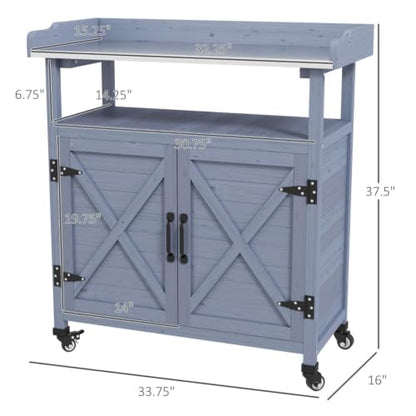 Outdoor Wooden Storage Bench with Storage Cabinet and Aluminum Table Top for Garden, Backyard, Wooden Potting Bench with Rubber Wheels for Lawn, Living Room, Balcony