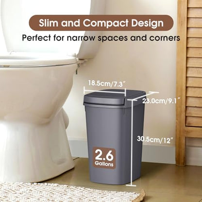 CEROELDA 3 Pack Bathroom Trash Can with Lid, 10L/2.6 Gal Small Garbage Can with Press Top Lid, Slim Plastic Waste Basket for Toilet, Office, Bedroom (Grey) - color: 3 Pack-Grey