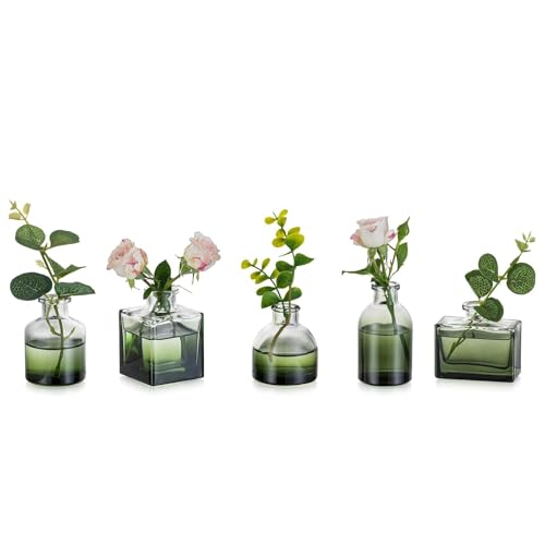Glasseam Small Vases for Flowers, Green Mini Glass Bud Vases Set of 5 - color: Green, size: 5Pcs- Mini Vases