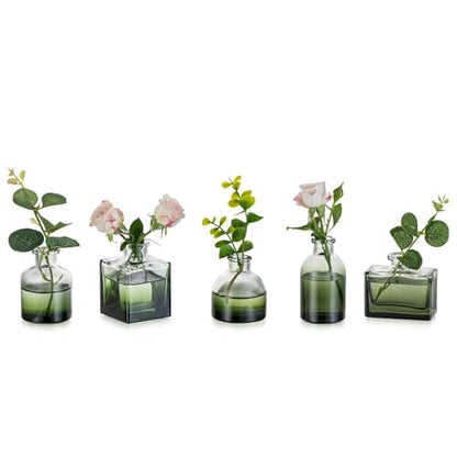 Glasseam Small Vases for Flowers, Green Mini Glass Bud Vases Set of 5 - color: Green, size: 5Pcs- Mini Vases