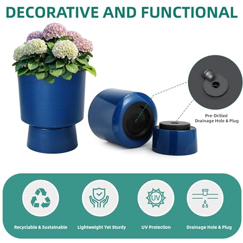 2-Pack 16.8" Brushed Blue Plastic Urn Planters with Detachable Bases - color: Brushed Blue-16.8"h