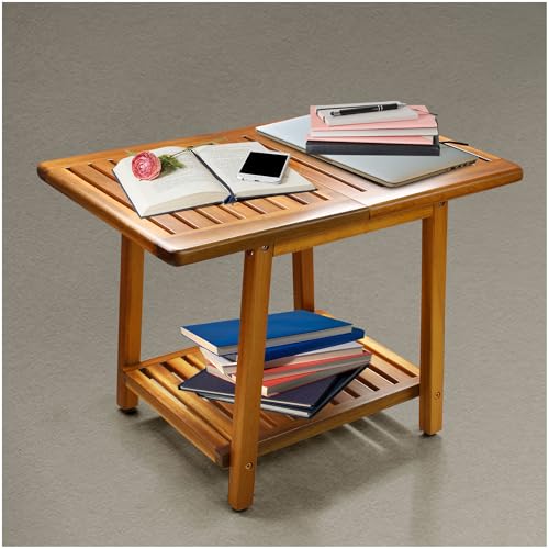 ENKEZI Acacia 24 Inches Outdoor Side Table, 2-Tier Sturdy Patio, End Table Weather Resistant, Strong Stability Side Table for Patio, Pool, Porch, Teak Finish (Large)