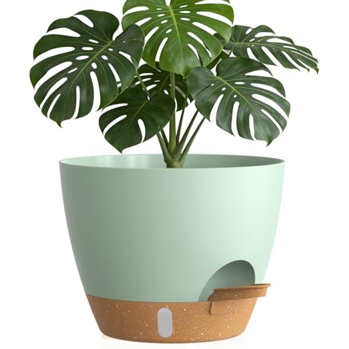 Plant Pots, 1 Pack 12 Inch Self Watering Pots with Drainage Holes, Water Level Indicator Deep Reservoir, Large Planters for Indoor Outdoor Plants - Green Brown - color: Green Brown, size: 12 in 1pcs