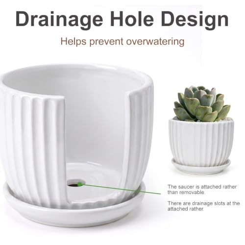 White Plant Pots,Ceramic Flower Pot Set of 3 with Drainage Holes & Saucers - color: White