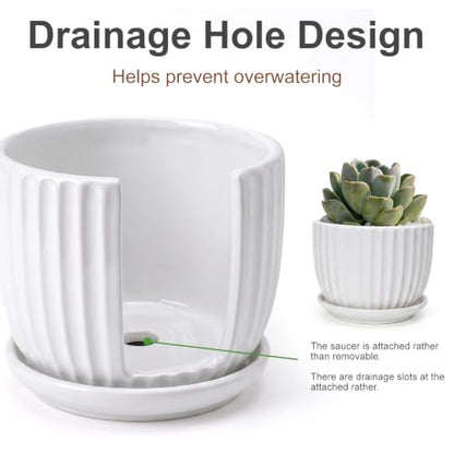 White Plant Pots,Ceramic Flower Pot Set of 3 with Drainage Holes & Saucers - color: White