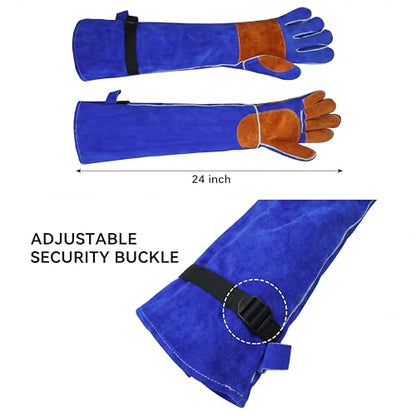 Long Leather Welding Gloves Animal Handling Scratch Bite Proof - color: Blue