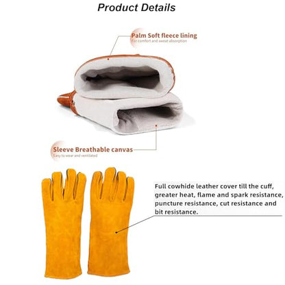 Welding Gloves,13 IN Leather Forge Fire Heat Resistant Gloves for Fireplace Fire Pit Wood Stove BBQ Gardening Gear Animal Handling