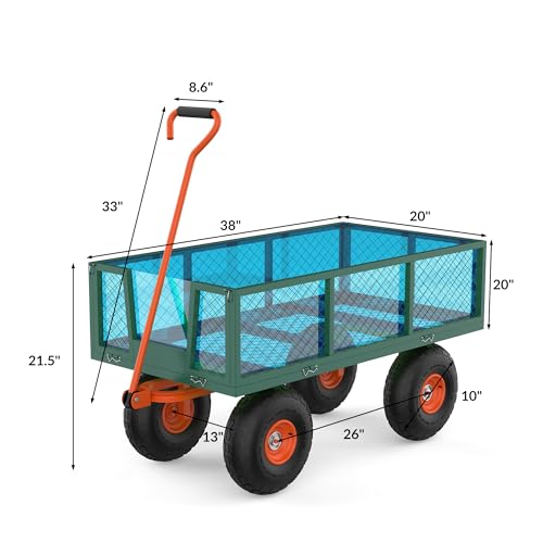 900lbs Steel Garden Cart, Heavy Duty Yard Utility Wagon with Tires, Removable Mesh Sides and Adjustable Handle, Garden Wagon Cart Pullable on Wheels for Yard, Lawn or Landscaping-Green+Orange - color: 900-green & Orange
