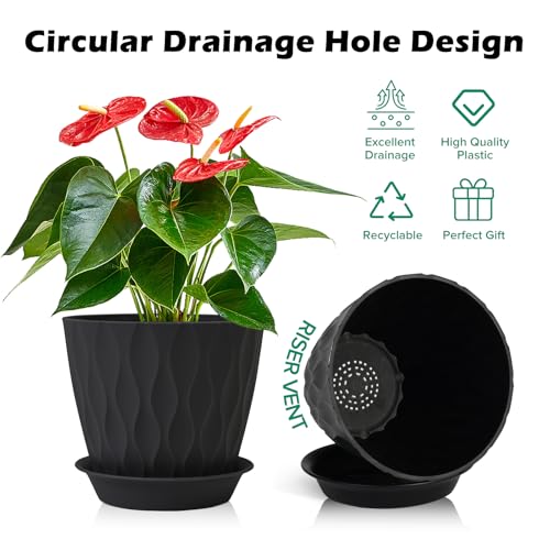GARDIFE 7 Pack Plant Pots 4-7 inch with Drainage Holes and Tray, Black - color: Black