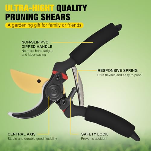 Yesker Pruning Shears for Gardening 8" Professional Bypass Garden Scissors Yard Clippers with Sharp Carbon Steel Blade Heavy Duty Hand Pruners for Branch Flower Plant Trimming Cutting Gardening Tools - size: 1PCS 8" Black & Red